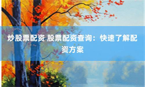 炒股票配资 股票配资查询：快速了解配资方案